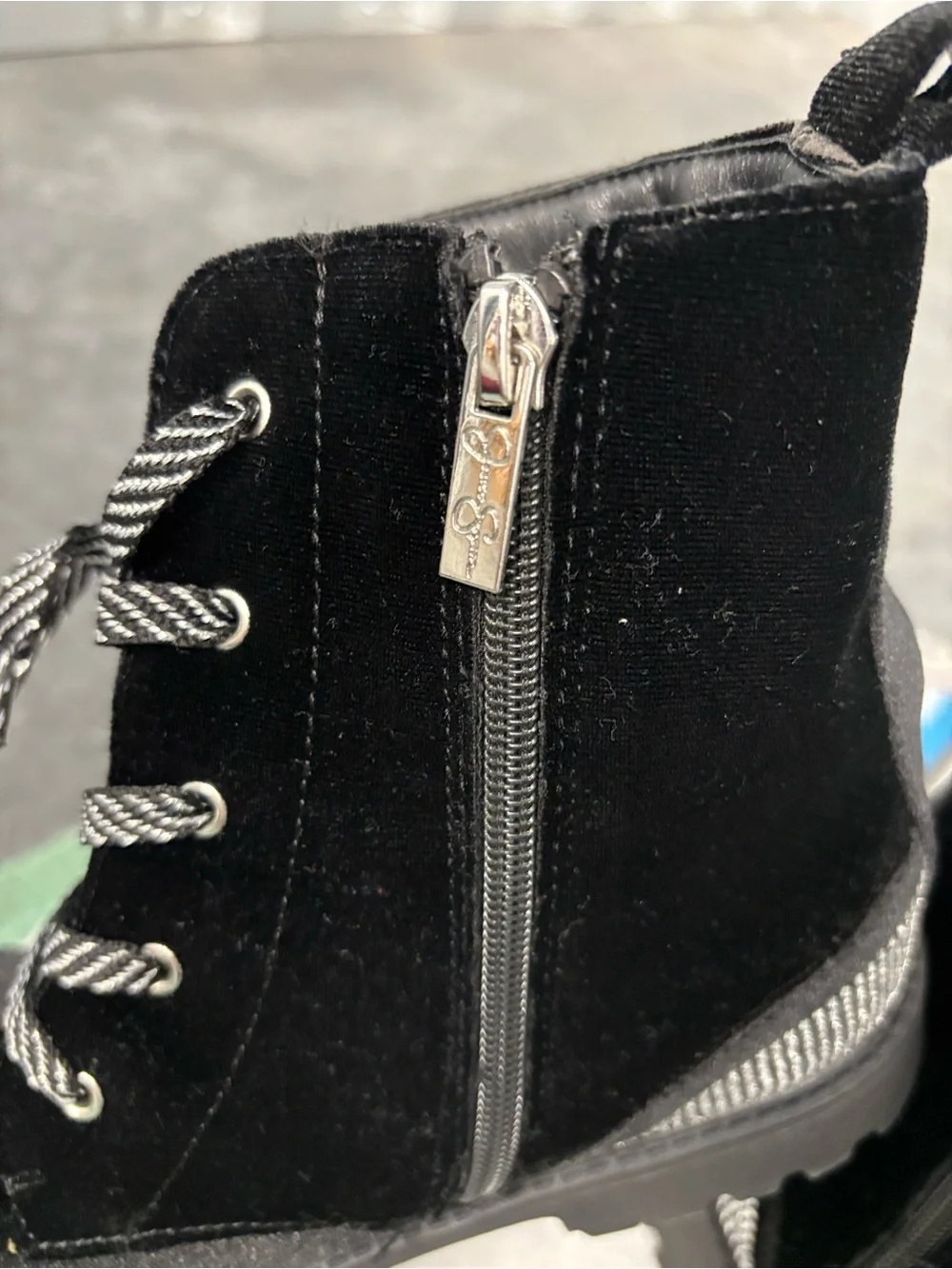 NWT Jessica Simpson Jes468 Black Velvet Combat Boots Stripe Laces Zip Side Bling